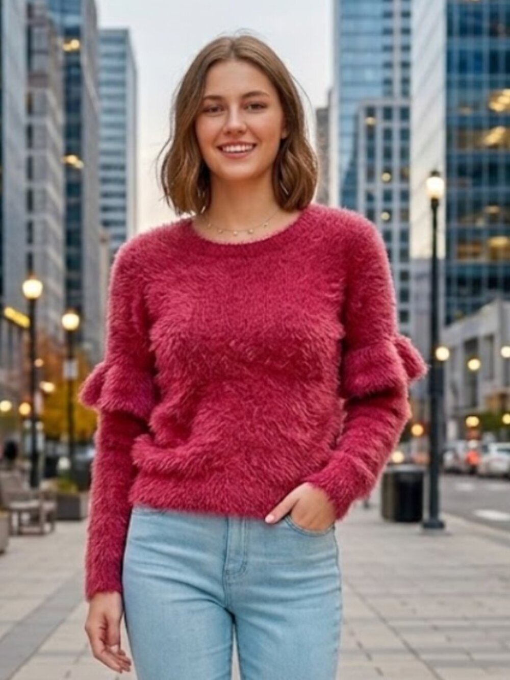 NWT BB Dakota Warm Fuzzy  Eyelash Sweater  Ruffle Large